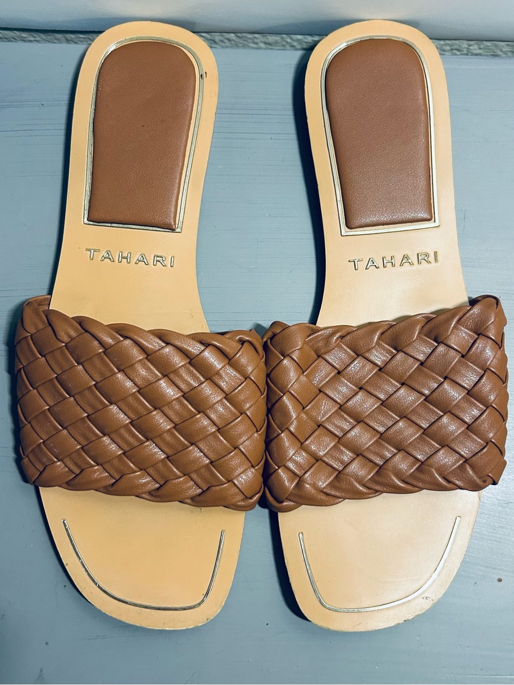Tahari Tan Woven Slide Sandals
